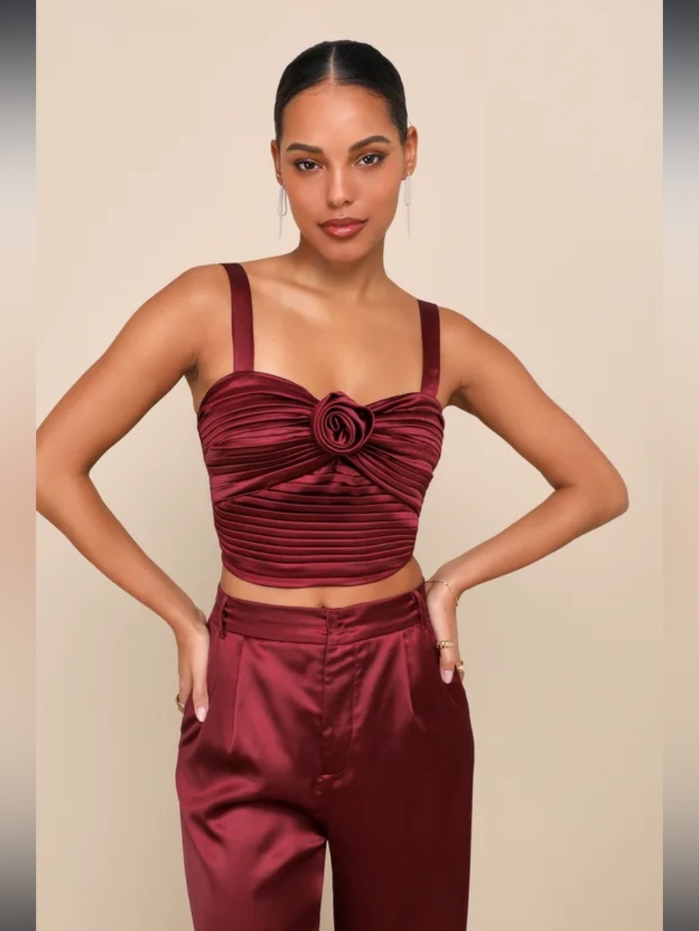 NWT lulus Flawless Behavior Burgundy Satin Pleated Rosette Tank Top size xs